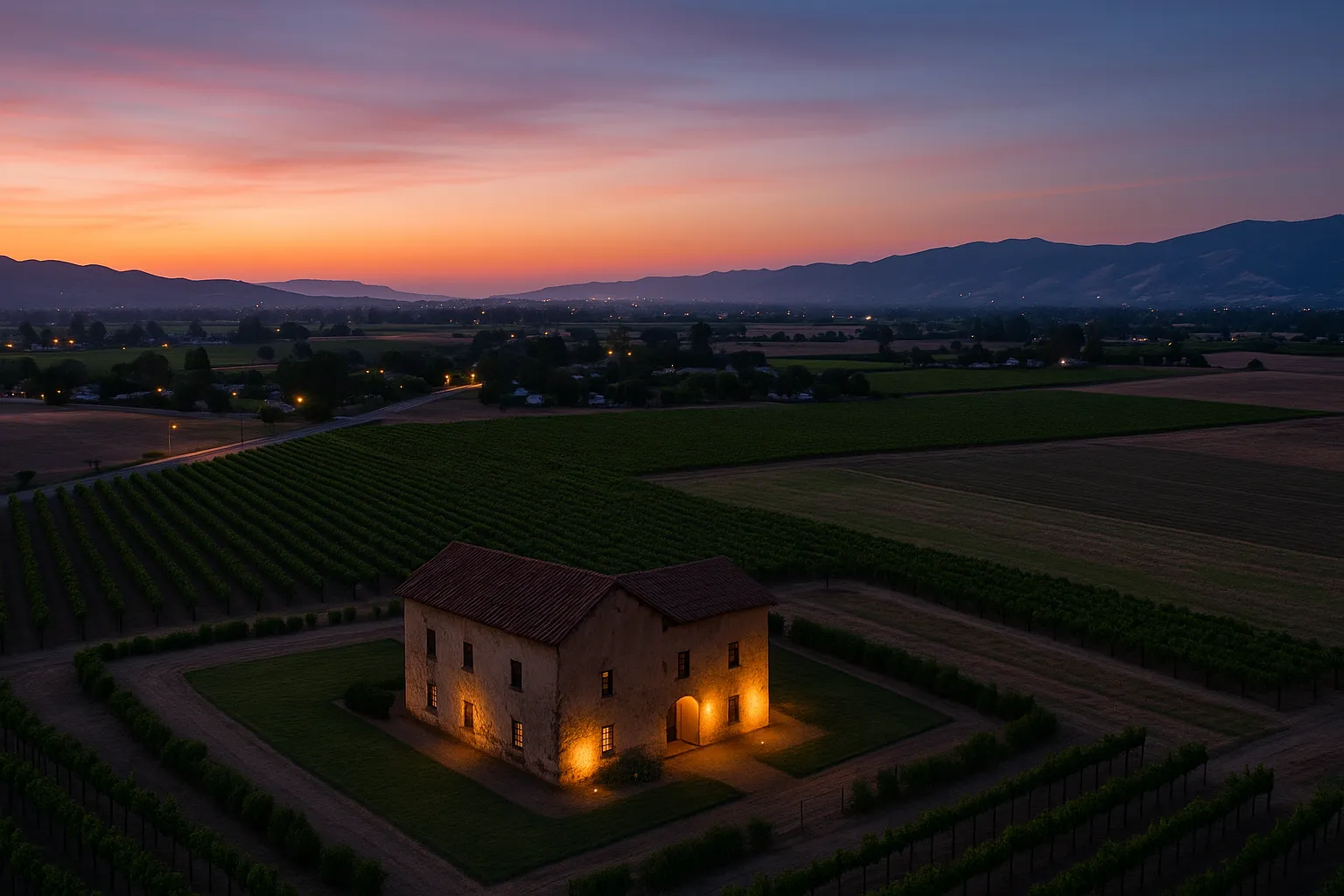 Landscape-oriented aerial dusk shot of San Martin with the Martin–Vallejo Adobe’s adobe façade warmly lit in the foreground, neat rows of vineyard blocks extending behind, oak-dotted hills at the horizon, and a smooth gradient sky from sunset orange to twilight blue.